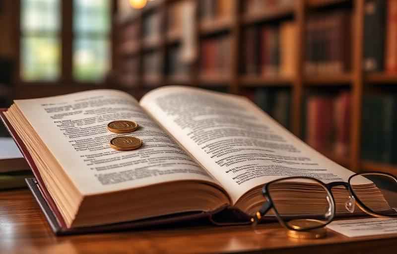 Financial reference book with gold coins