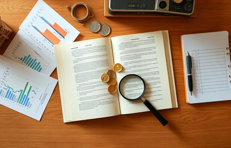Research desk with financial charts and gold coins